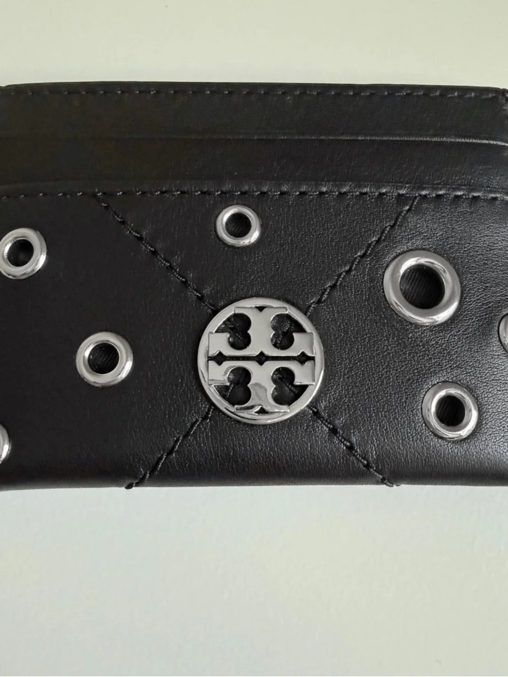 Tory Burch Black Leather Grommet Card Holder with Silver Logo